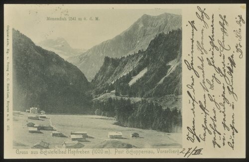 [Schoppernau] Gruss aus Schwefelbad Hopfreben (1020 m) : Monenfluh 2541 m ü. d. M. : Post Schoppernau, Vorarlberg : [Postkarte Carte postale ...]