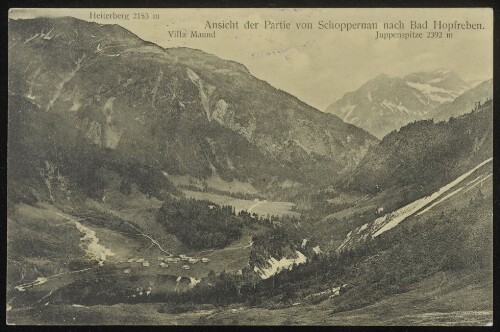 Ansicht der Partie von Schoppernau nach Bad Hopfreben : Heiterberg 2153 m : Villa Maund : Juppenspitze 2392 m