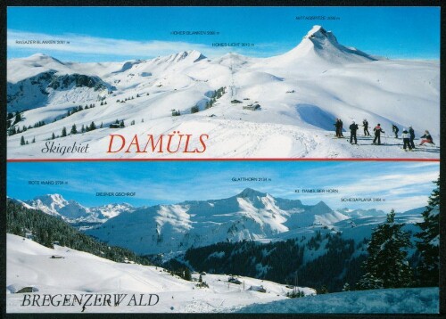 Skigebiet Damüls Bregenzerwald : Ragazer Blanken 2051 m : Hoher Blanken 2068 m : Hohes Licht 2010 m : Mittagspitze 2095 m ... : [Damüls, 1431 m, Bregenzerwald, Panorama vom Skigebiet Vorarlberg ...]