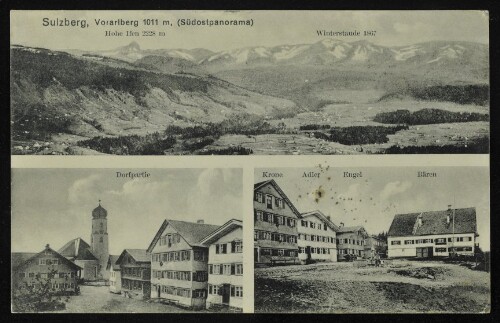 Sulzberg, Vorarlberg 1011 m, (Südostpanorama) : Hohe Ifen 2228 m : Winterstaude 1867 : Dorfpartie : Krone : Adler : Engel : Bären