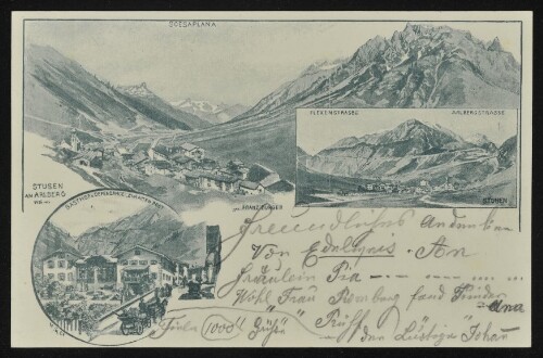 [Klösterle] Stuben am Arlberg 1426 mtr : Scesaplana : Gasthof u. Dependance zur Alten Post ... : [Correspondenz-Karte An ... in ...]