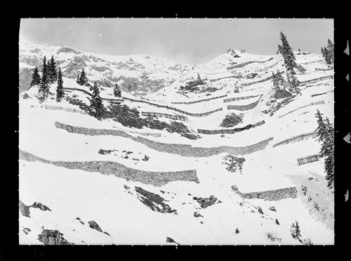 [Aufnahme von den Schneerückhaltemauern (Nr. 25, 19) und Schneerechen (alte Bauweise) im Längentobel oberhalb von Langen am Arlberg]
