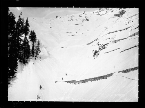 [Aufnahme von den Schneerückhaltemauern (Nr. 40) sowie Schneerechen (alte Bauweise) und Arlberg-Schneerechen im oberen Benediktentobel oberhalb von Langen am Arlberg]