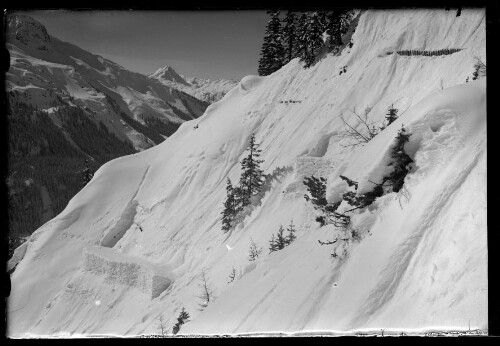 [Aufnahme von den mittels Schneeziegeln aufgestockten Schneerückhaltemauren oberhalb von Langen am Arlberg]