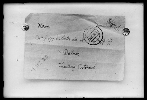 [Aufnahme eines Briefumschlages, adressiert an den Ortsgruppenleiter der NSDAP Dalaas/Vorarlberg/Ostmark [2]]