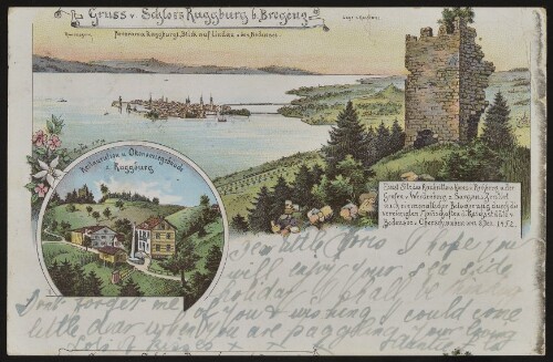 [Eichenberg] Gruss v. Schloss Ruggburg b. Bregenz : Restauration u. Ökonomiegebäude z. Ruggburg ... : [Correspondenz-Karte An ... in ...]