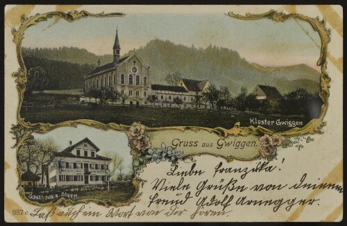 [Hohenweiler] Gruss aus Gwiggen : Kloster Gwiggen : Gasthaus z. Stern : [Postkarte An ... in ...]