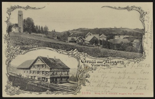 Gruss aus Möggers Vorarlberg : Totalansicht : Schmiede u. Krämerei : [Postkarte An ... in ...]