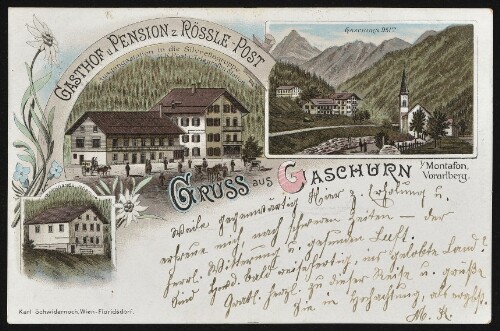 Gruss aus Gaschurn i/Montafon, Vorarlberg : Gaschurn 951 m : Gasthof u. Pension z. Rössle - Post ... : [Correspondenz-Karte An ... in ...]