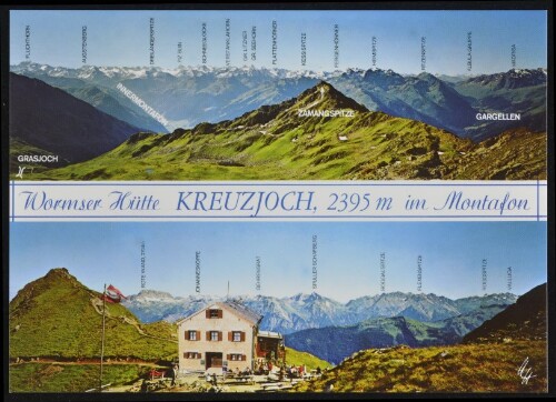 [Schruns] Wormser Hütte Kreuzjoch, 2395 m im Montafon : Grasjoch : Zamangspitze ... : [Wormser Hütte, 2350 m, im Verwall mit Blick vom Kreuzjoch auf die Silvrettagruppe (oben), Vorarlberg, Österreich ...]