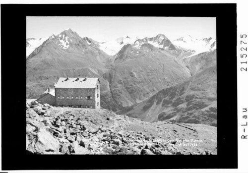 Breslauer Hütte 2840 m gegen Gurglerkamm, Ötztal / Tirol : [Breslauer Hütte mit Blick zum Grossen Ramolkogel und Schalfkogel]