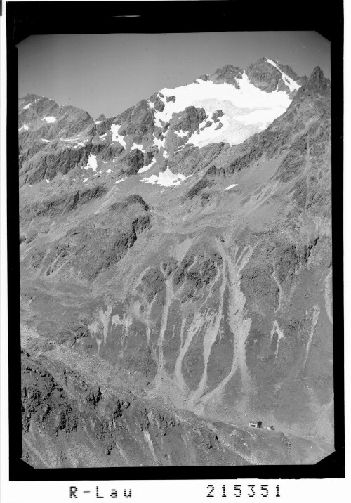 Taschach Haus 2434 m gegen Vordere Ölgrubenspitze 3456 m im Pitztal / Tirol : [Taschachhaus im Pitztal mit Blick zur Bliggspitze]