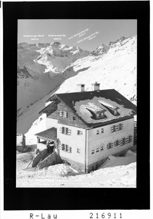 Riffelsee Hütte 2293 m gegen Taschachtal Pitztal / Tirol : [Riffelseehütte gegen Taschachtal mit Hochvernagtspitze]