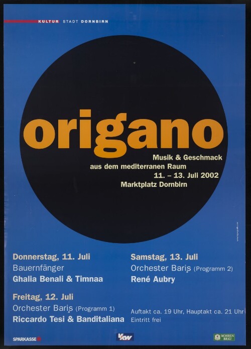 Origano : Musik & Geschmack aus dem mediterranen Raum : Kultur Stadt Dornbirn