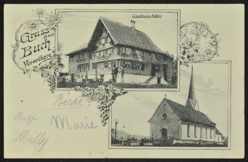 Gruss aus Buch Vorarlberg : Gasthaus Adler : Kirche : [Postkarte An ... in ...]