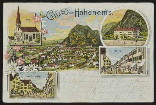 Gruss aus Hohenems : Kirche : Schloss : Jsraelitengasse : Marktgasse : [Postkarte An ... in ...]
