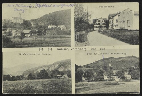 Koblach, Vorarlberg : Dorfpartie : Straßenpartie : Straßenhäuser mit Gebirge : Blick auf Zollamt u. Kummenberg