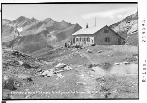 Edmund Graf Hütte 2408 m gegen Ferwallgruppe bei Pettneu Tirol : [Edmund Graf Hütte gegen Hochkarspitze und Hochkarkopf]