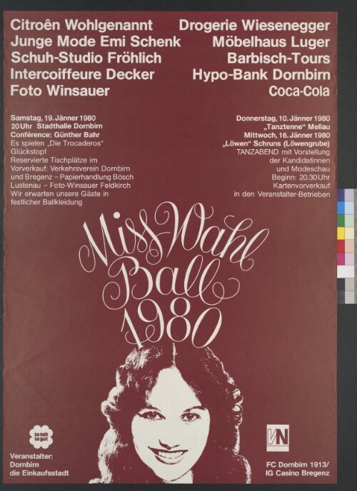 Plakat für den Vorarlberger Miss-Wahl Ball 1980