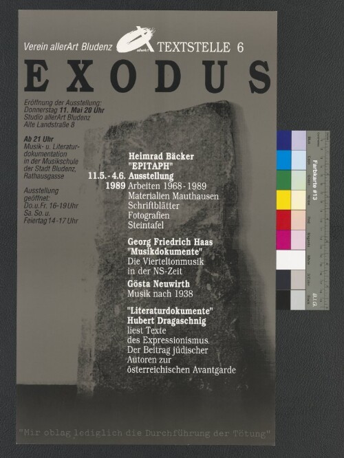 Ausstellungsplakat 'Exodus' im Verein allerArt Bludenz