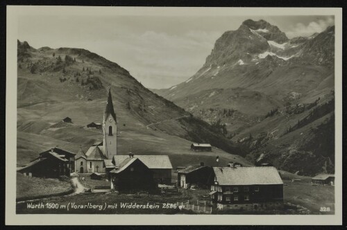 Warth 1500 m (Vorarlberg) mit Widderstein 2536 m.