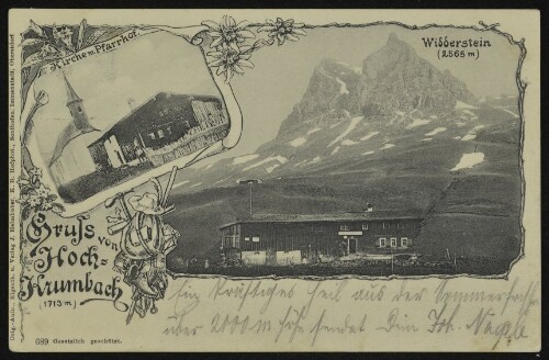 [Warth] Gruss von Hochkrumbach (1713 m) : Widderstein (2565 m) : Kirche m. Pfarrhof : [Correspondenzkarte - Postkarte ...]