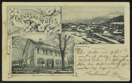 Gruss aus Göfis Vorarlberg : Totalansicht : Gasthaus zum Löwen : Besitzer S. Schmidt : [Postkarte ...]