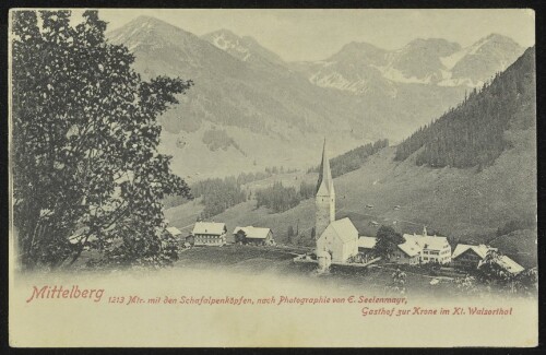 Mittelberg 1213 Mtr. mit den Schafalpenköpfen, nach Photographie von E. Seelenmayr, Gasthof zur Krone im Kl. Walsorthal : [Postkarte ...]