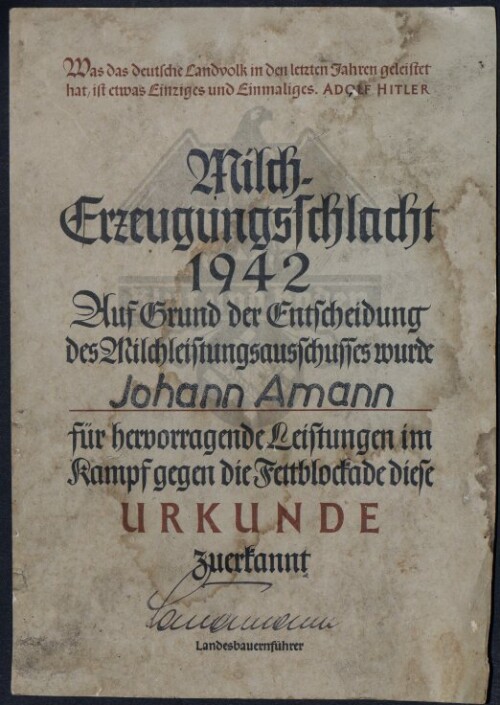 Milcherzeugungsschlacht, Urkunde aus der NS- Zeit