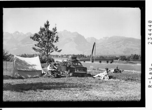 [Blick vom Campingplatz bei Bendern in Liechtenstein gegen Balfrieser Berge Käserrück]