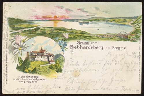 Gruss vom Gebhardsberg bei Bregenz : Hohenbregenz zerstört durch die Schweden am 8. März 1647 : [Correspondenz-Karte ...]