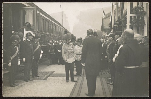 [Landeshauptmann Adolf Rhomberg begrüßt Kaiser Franz Josef I. 1914 in Bregenz]