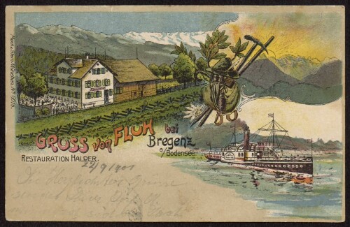 Gruss von Fluh bei Bregenz a./Bodensee : Restauration Halder : [Carte postale ...]