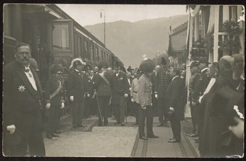 [Bregenzer Bürgermeister Kinz begrüßt Kaiser Franz Josef I. 1909 in Bregenz]
