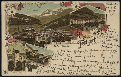 Gruss : aus Feldkirch Vorarlberg : Gurtisspitze : Schloss Schattenburg : Churer Thor ... : [Correspondenz-Karte ...]