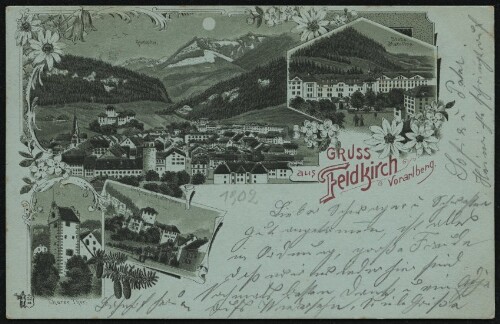 Gruss : aus Feldkirch Vorarlberg : Gurtisspitze : Churer Thor : Schloss Schattenburg ... : [Correspondenz-Karte ...]