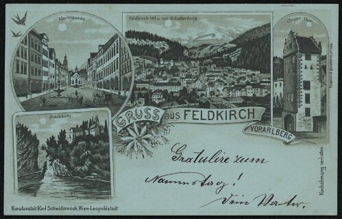 Gruss aus Feldkirch Vorarlberg : Feldkirch 461 m mit Schattenburg : Churer-Thor : Jllschlucht ... : [Correspondenz-Karte An ... in ...]