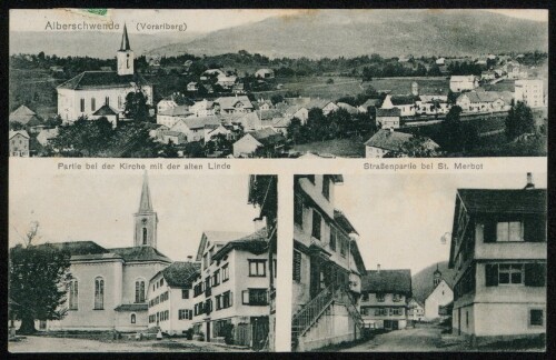Alberschwende (Vorarlberg) : Partie bei der Kirche mit der alten Linde : Straßenpartie bei St. Merbot : [Korrespondenzkarte ...]