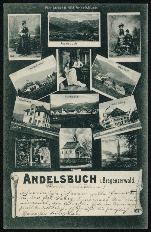 Andelsbuch i. Bregenzerwald : Andelsbuch : Am Bahnhof : Bersbuch : Schulhaus : Kirchplatz : Hôtel König : Drahtbahn n. Schwarzenberg : Bezegg-Denkmal ... : [Correspondenz-Karte ...]