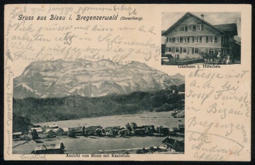 Gruss aus Bizau i. Bregenzerwald (Vorarlberg) : Ansicht von Bizau mit Kanisfluh : Gasthaus z. Hirschen : [Correspondenz-Karte ...]